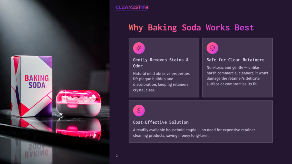Cleanestor Baking Soda Box And Retainer Cleaning Case With Pink Light, Promoting Effective Retainer Cleaning Solutions.