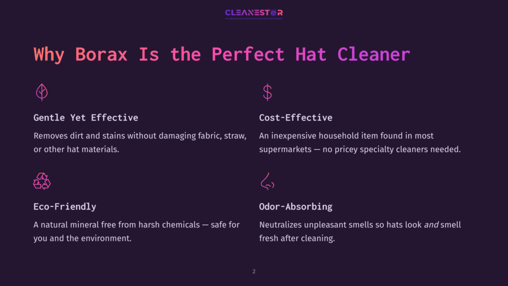 2 Why Borax Is The Perfect Hat Cleaner Dark Background With Text &Quot;Why Borax Is The Perfect Hat Cleaner&Quot; And Four Sections Detailing Benefits: &Quot;Gentle Yet Effective,&Quot; &Quot;Cost-Effective,&Quot; &Quot;Eco-Friendly,&Quot; And &Quot;Odor-Absorbing,&Quot; Each With An Icon And Descriptive Text.