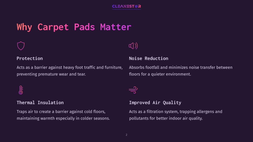 Infographic Titled &Quot;Why Carpet Pads Matter&Quot; Highlighting Benefits: Protection, Noise Reduction, Thermal Insulation, And Improved Air Quality. Cleanestor Logo At The Top.