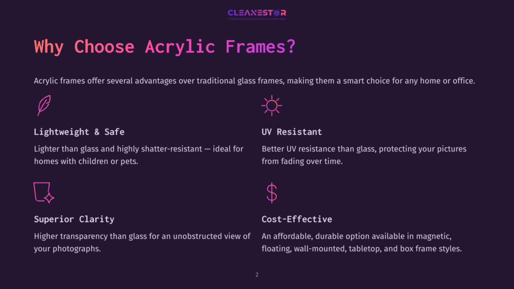 Why Choose Acrylic Frames? Comparison Of Acrylic Frames Vs. Glass Frames, Highlighting Lightweight, Uv Resistant, Superior Clarity, And Cost-Effective Benefits.