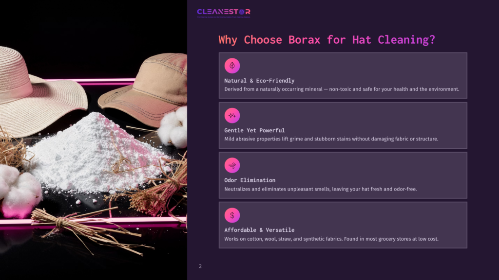 2 Why Choose Borax For Hat Cleaning A Pile Of White Borax Powder Sits Between Two Straw Hats And Cotton Bolls, With Neon Pink Lighting Highlighting The Scene.