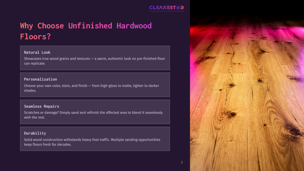 2 Why Choose Unfinished Hardwood Floors Close-Up Of A Rustic Unfinished Hardwood Floor With Prominent Grain Patterns, Illuminated By Dramatic Pink And Orange Lighting, Showcasing Natural Wood Texture.
