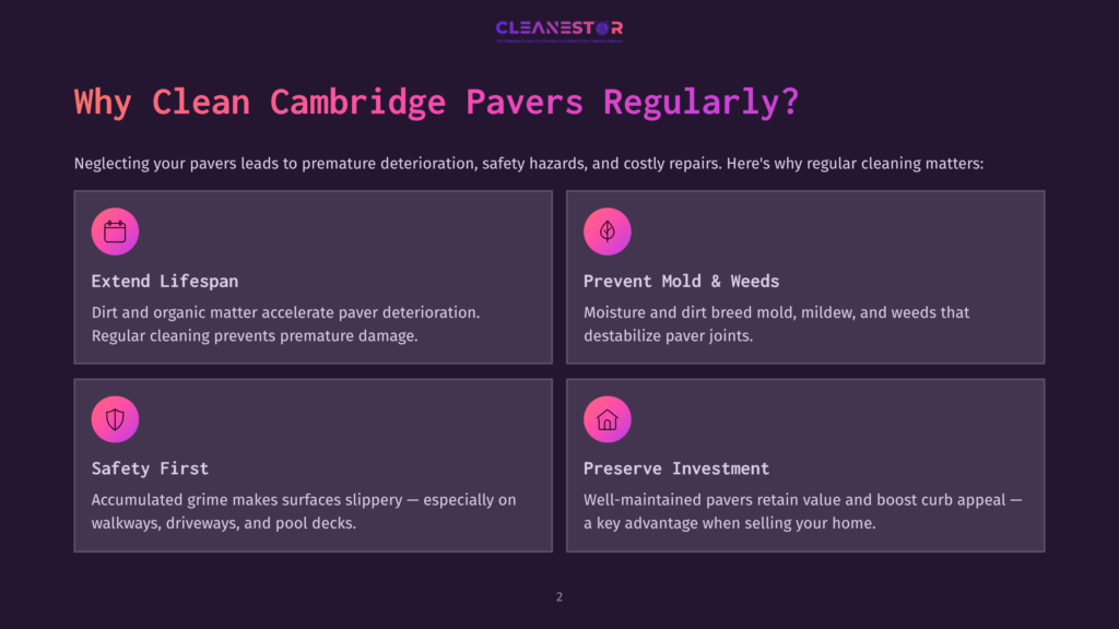 2 Why Clean Cambridge Pavers Regularly Infographic With Four Panels Detailing The Benefits Of Regular Cambridge Paver Cleaning: Extending Lifespan, Preventing Mold &Amp; Weeds, Ensuring Safety, And Preserving Investment. The Cleanestor Logo Is At The Top.