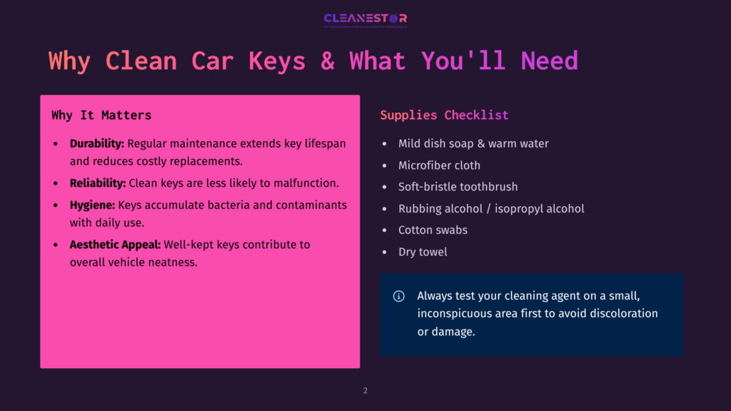 2 Why Clean Car Keys And What Youll Need Cleannestor Graphic Listing &Quot;Why Clean Car Keys &Amp; What You'Ll Need&Quot; With Bullet Points On Cleaning And Supplies, Including &Quot;Durability,&Quot; &Quot;Reliability,&Quot; &Quot;Hygiene,&Quot; &Quot;Aesthetic Appeal,&Quot; And &Quot;Mild Dish Soap &Amp; Warm Water,&Quot; &Quot;Microfiber Cloth,&Quot; &Quot;Rubbing Alcohol,&Quot; And &Quot;Cotton Swabs.