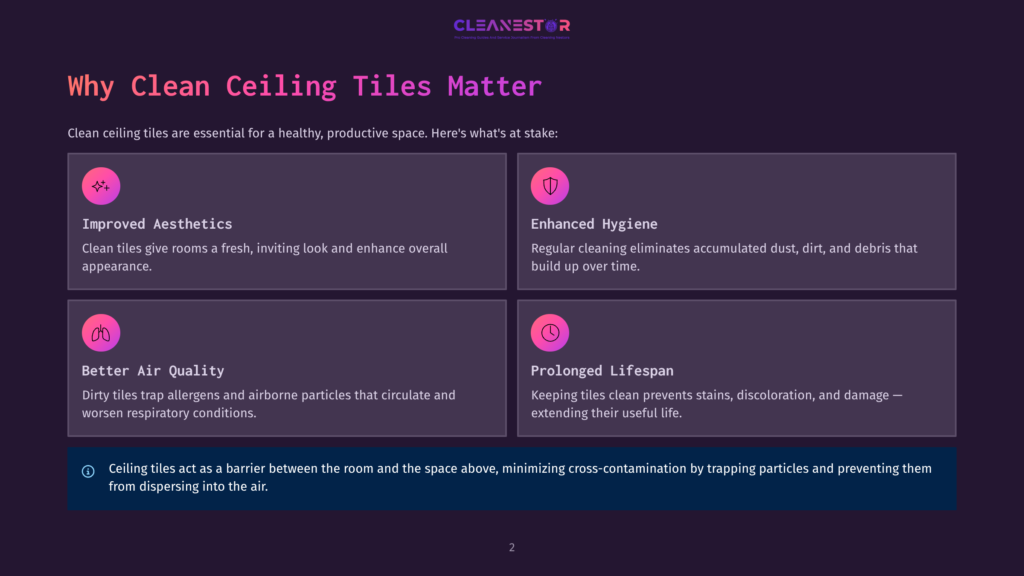 Infographic Detailing The Importance Of Clean Ceiling Tiles For Aesthetics, Hygiene, Air Quality, And Longevity. Features Icons For Each Benefit And Brief Descriptions, With The Main Title &Quot;Why Clean Ceiling Tiles Matter.