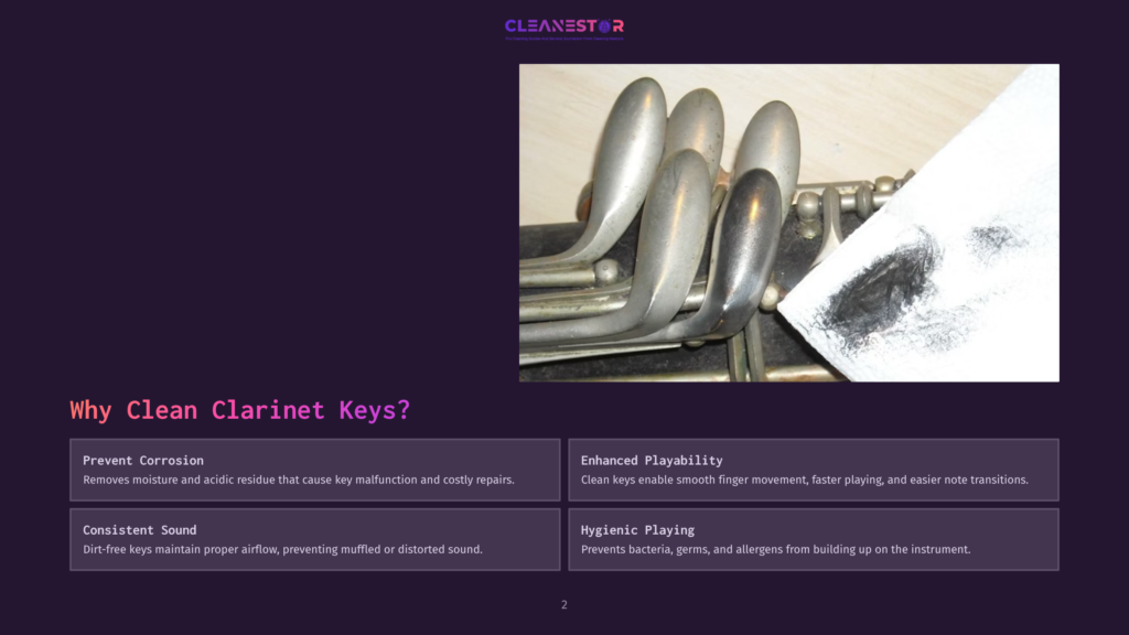 Close-Up Of Tarnished Silver Clarinet Keys With A White Paper Towel Smudged With Black Residue, Suggesting Cleaning.