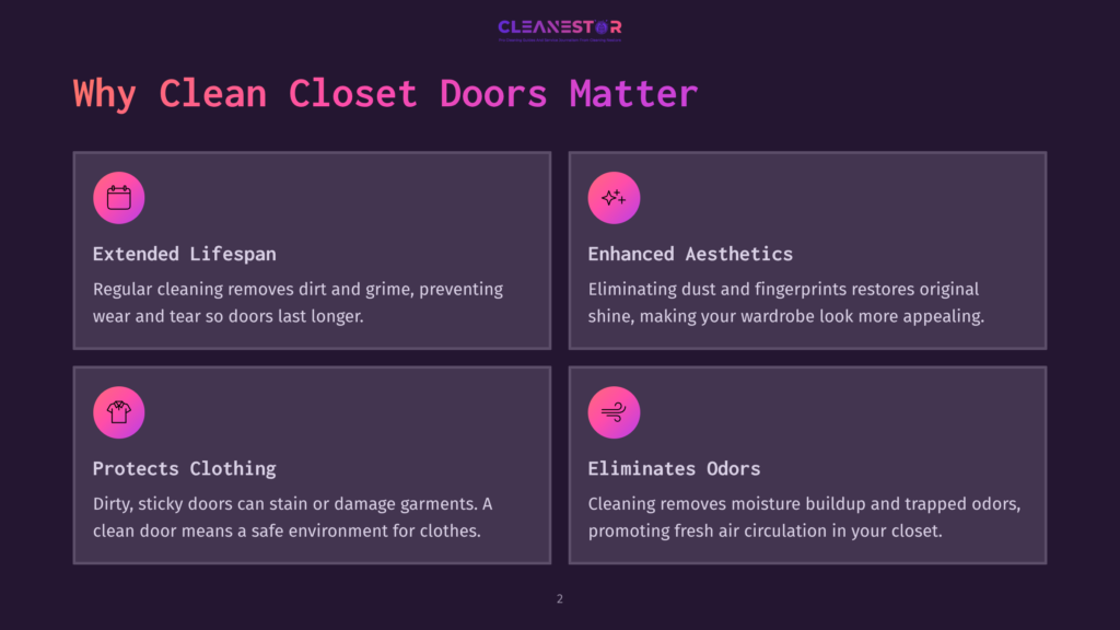 Infographic Titled &Quot;Why Clean Closet Doors Matter&Quot; With Four Sections: &Quot;Extended Lifespan,&Quot; &Quot;Enhanced Aesthetics,&Quot; &Quot;Protects Clothing,&Quot; And &Quot;Eliminates Odors,&Quot; Each With An Icon And Descriptive Text.