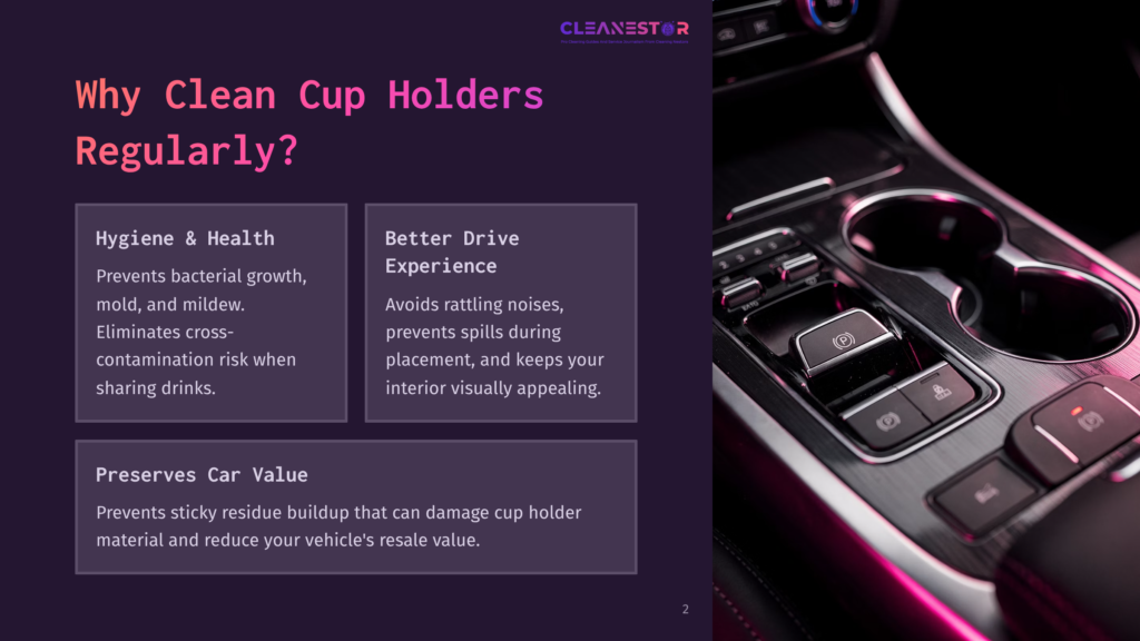 Close-Up Of A Car'S Center Console With Two Cup Holders, A Modern Electronic Parking Brake Button, And Other Controls. The Image Highlights Car Interior Details.