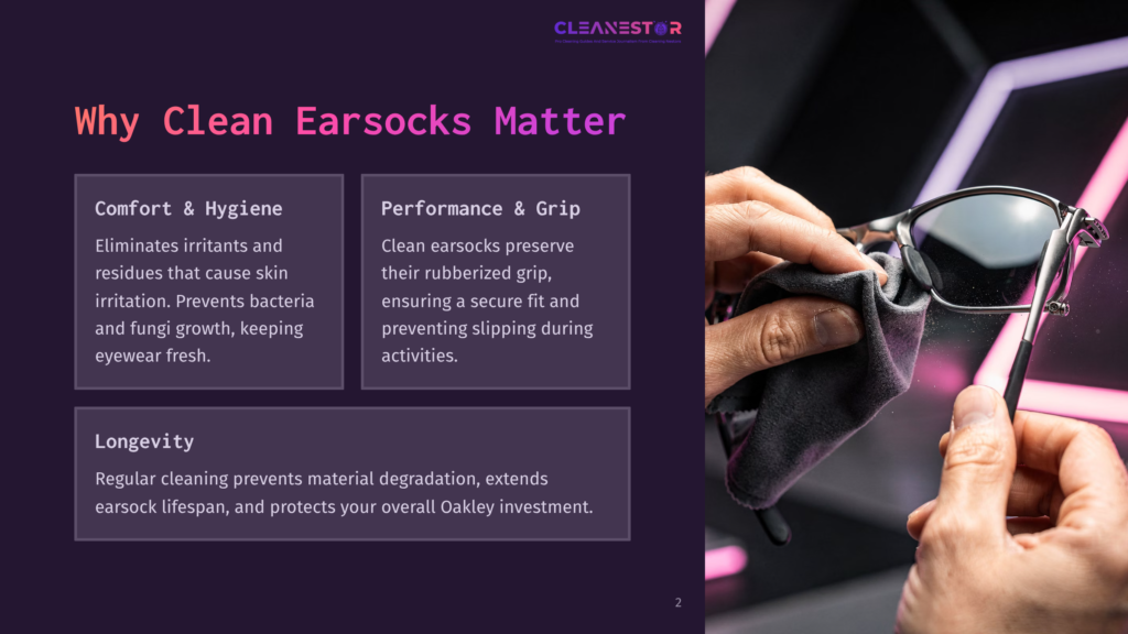 Close-Up Of Hands Cleaning Oakley Sunglasses With A Grey Cloth, Highlighting The Importance Of Clean Earsocks For Comfort And Performance.
