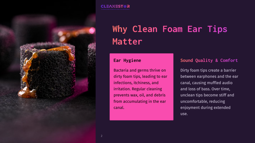 2 Why Clean Foam Ear Tips Matter Close-Up Of Dirty, Black Foam Earbud Tips With Sticky Orange Residue, Highlighting The Need For Cleanestor Foam Ear Tip Cleaning.