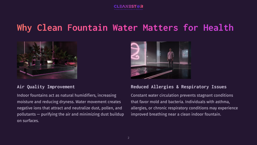 A Modern Indoor Fountain With Lush Green Plants And A Dark, Reflective Base, Set Against A Dark Background. The Text &Quot;Cleanestor&Quot; Is Visible At The Top.