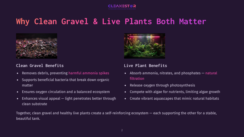 Close-Up Of Aquarium Gravel With Small Pebbles And Debris, Contrasted With A Vibrant, Lush Planted Aquarium Tank Filled With Green Aquatic Plants And Illuminated By Pink Led Lights.