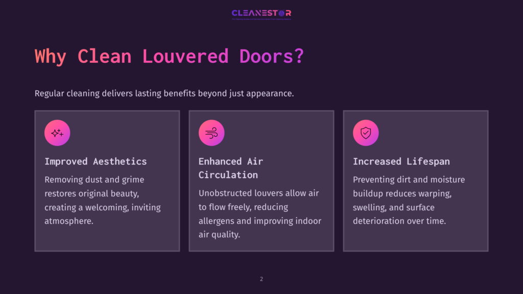 A Graphic Design With Three Highlighted Benefits Of Cleaning Louvered Doors: Improved Aesthetics, Enhanced Air Circulation, And Increased Lifespan.