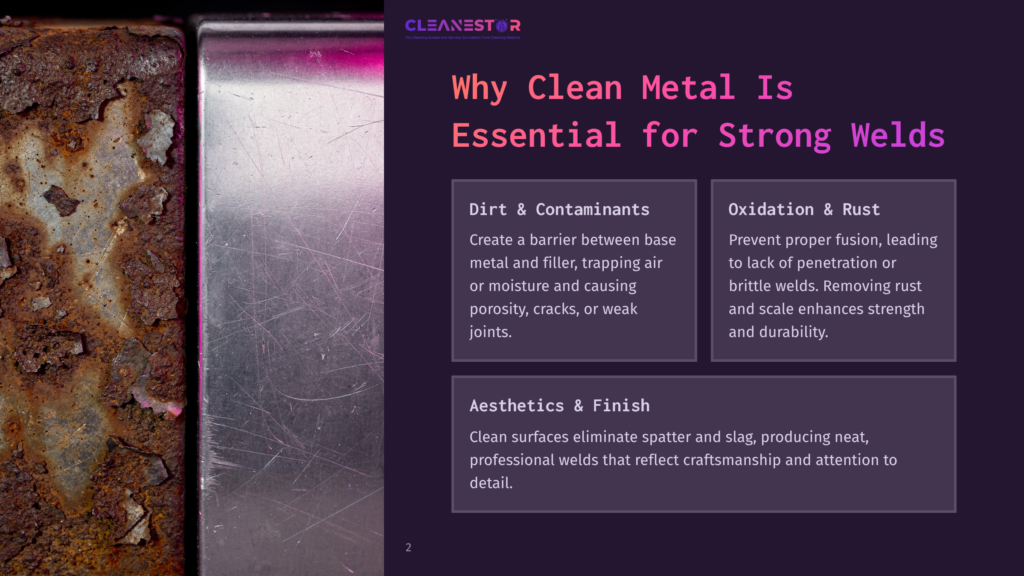 Close-Up Of Heavily Rusted Metal Next To A Clean, Polished Metal Surface, With The Cleanestor Logo And Text &Quot;Why Clean Metal Is Essential For Strong Welds&Quot; Visible On The Right.