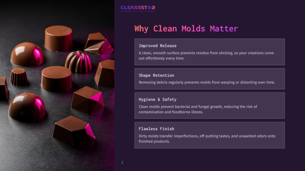 2 Why Clean Molds Matter Close-Up Of Assorted Dark Chocolate Candies And Molded Chocolates On A Dark Background, With Text Overlay: &Quot;Cleanestor&Quot;, &Quot;Why Clean Molds Matter&Quot;, &Quot;Improved Release&Quot;, &Quot;Shape Retention&Quot;, &Quot;Hygiene &Amp; Safety&Quot;, &Quot;Flawless Finish&Quot;.