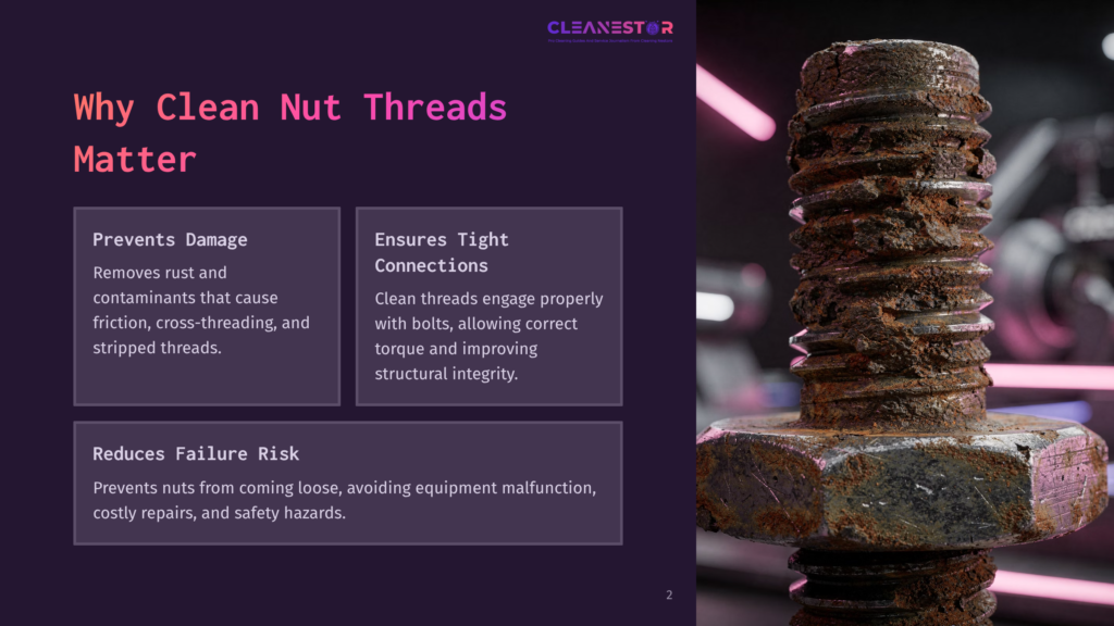 2 Why Clean Nut Threads Matter Close-Up Of A Heavily Rusted, Large Nut And Bolt, Highlighting The Need For Clean Nut Threads To Prevent Damage And Ensure Tight Connections. The Text &Quot;Why Clean Nut Threads Matter&Quot; Is Visible.
