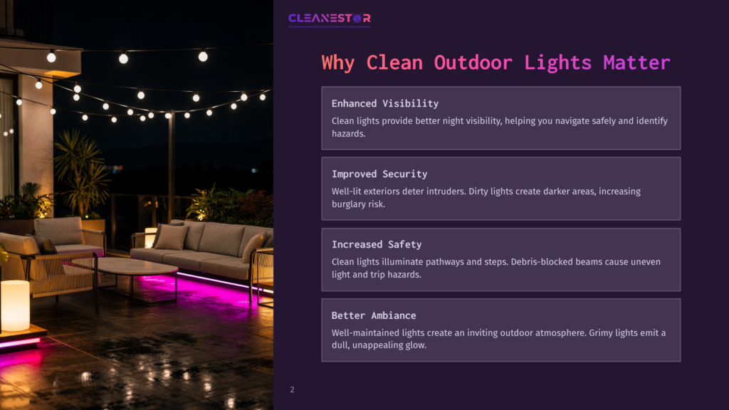 Clean Outdoor Lights On A Patio At Night, With String Lights Illuminating Seating Areas And A Purple Glow From Accent Lighting. Text Overlay Reads &Quot;Why Clean Outdoor Lights Matter&Quot; And Lists Benefits Like &Quot;Enhanced Visibility,&Quot; &Quot;Improved Security,&Quot; &Quot;Increased Safety,&Quot; And &Quot;Better Ambiance.