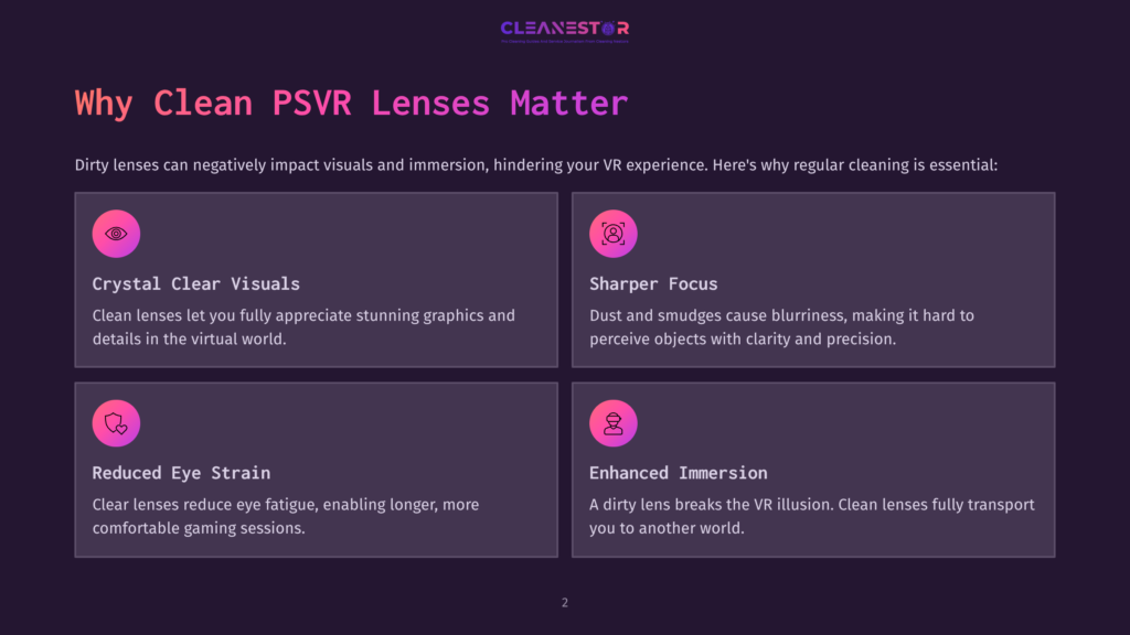 2 Why Clean Psvr Lenses Matter Infographic With Four Sections Explaining Why Clean Psvr Lenses Matter, Each Section Has An Icon And Text: Crystal Clear Visuals, Sharper Focus, Reduced Eye Strain, Enhanced Immersion.