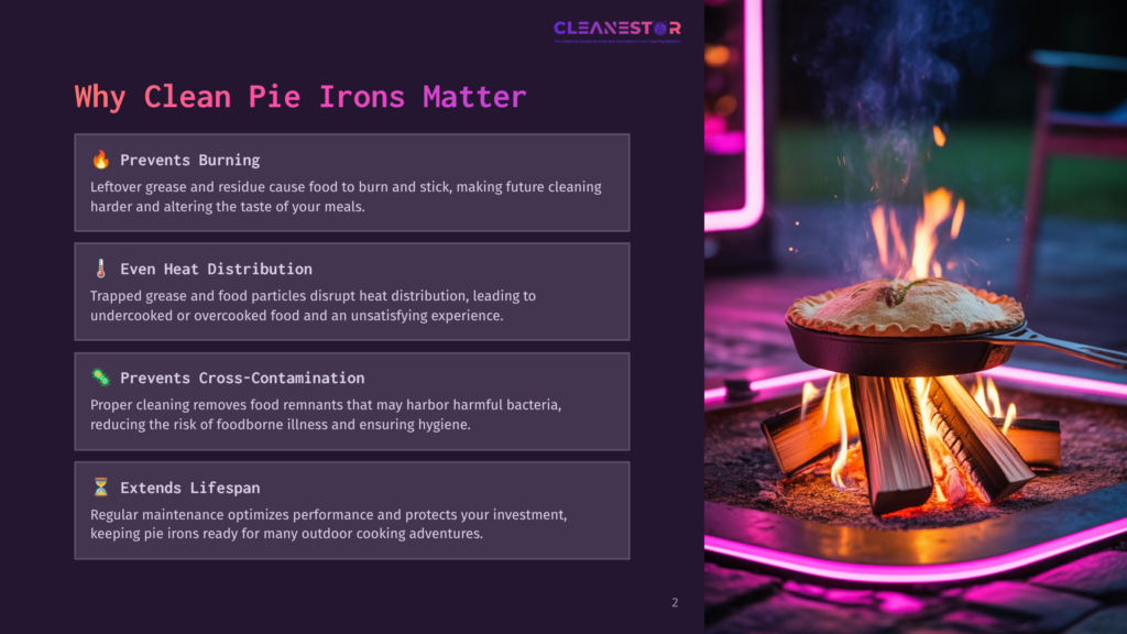 A Freshly Baked Pie Sits In A Cast Iron Skillet Over A Campfire, With The Text &Quot;Cleanestor&Quot; And &Quot;Why Clean Pie Irons Matter&Quot; Visible.