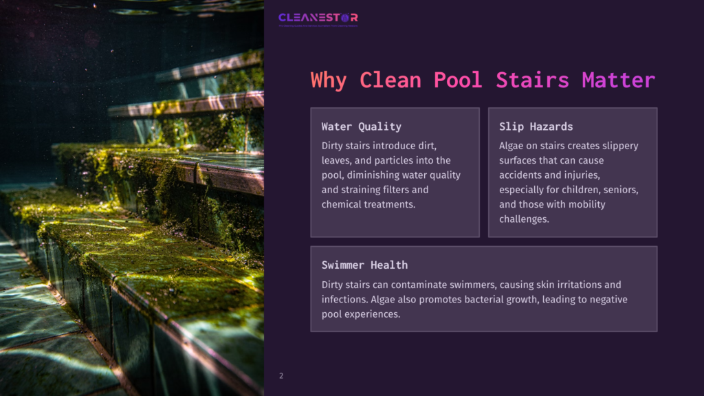 Underwater View Of Dirty, Algae-Covered Swimming Pool Stairs, With Murky Water And Debris, Highlighting The Need For Pool Cleaning.
