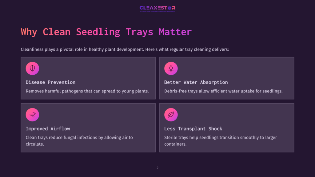 Infographic Detailing The Benefits Of Clean Seedling Trays: Disease Prevention, Better Water Absorption, Improved Airflow, And Less Transplant Shock. The Text &Quot;Why Clean Seedling Trays Matter&Quot; Is Prominently Displayed.