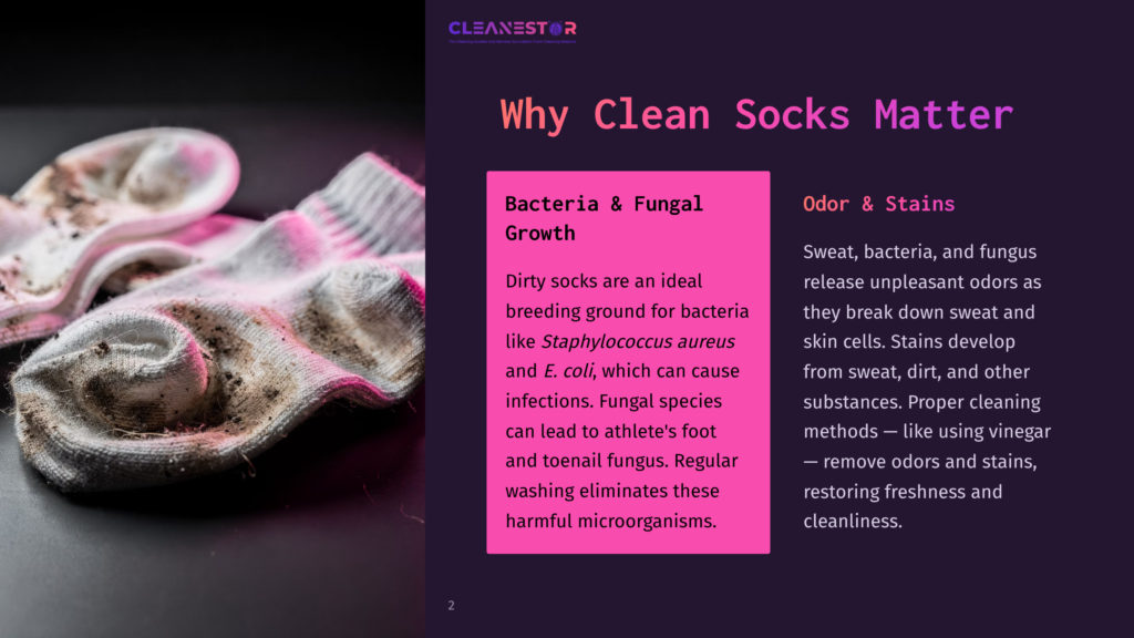 Close-Up Of Dirty White And Grey Socks Covered In Dirt And Grime, With A Pink And Purple Background Featuring Text About Bacteria And Fungal Growth On Dirty Socks.