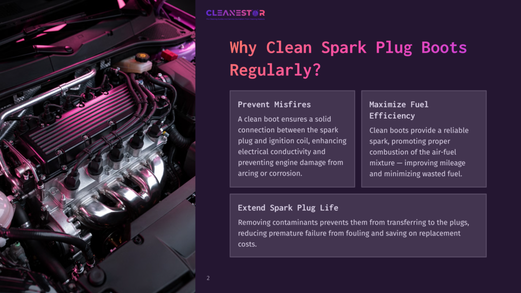 2 Why Clean Spark Plug Boots Regularly Close-Up Of A Car Engine With Spark Plug Boots, Highlighting Engine Components And The Text &Quot;Cleanestor&Quot; From The Image.