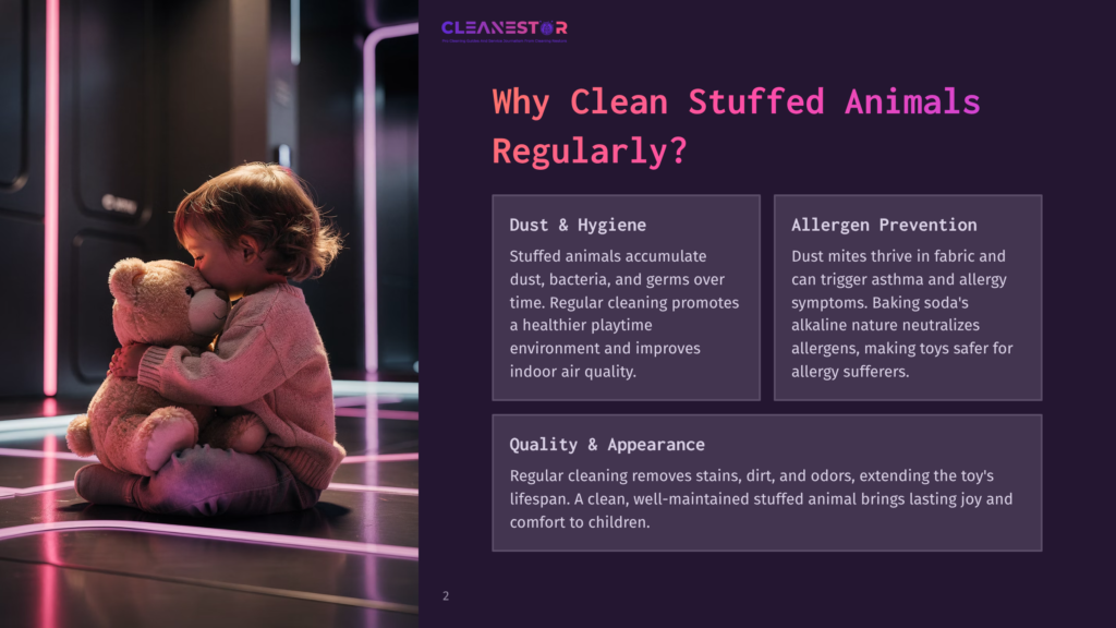 A Young Child Hugs A Teddy Bear, With The Cleanestor Logo And Text About Cleaning Stuffed Animals Visible.