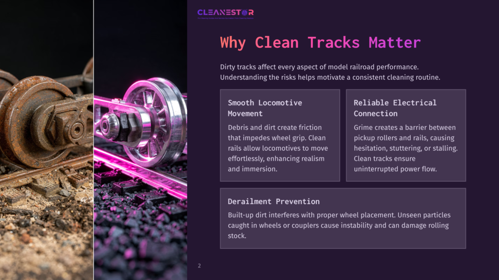 Close-Up Of A Rusty Train Wheel And Track Illuminated By Bright Pink Neon Lights, With The Cleanestor Logo And Text &Quot;Why Clean Tracks Matter&Quot; Visible On The Right Side.