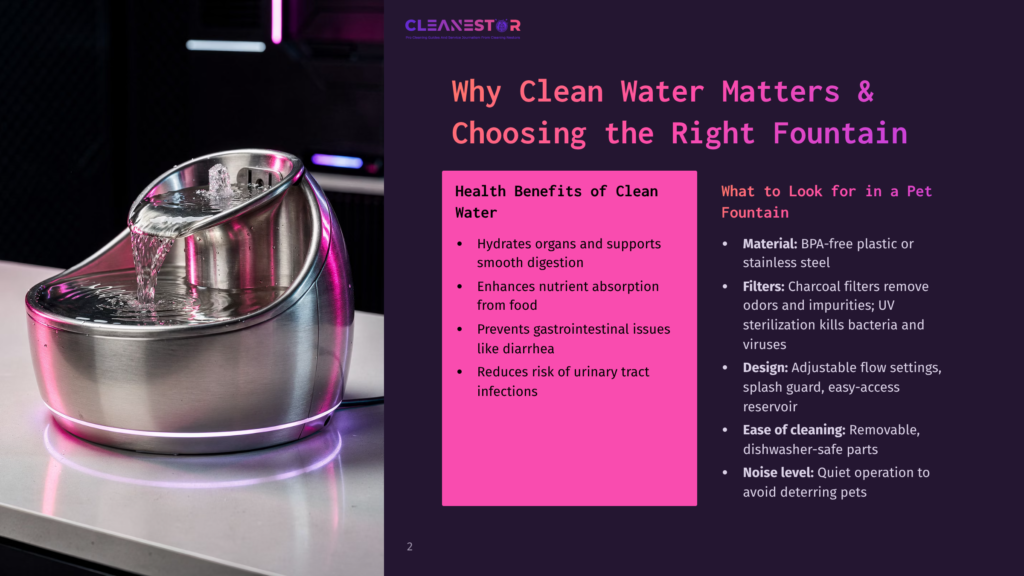 A Modern, Stainless Steel Pet Water Fountain With A Cascading Water Feature, Illuminated By Soft Purple Lighting. Text On The Right Side Of The Image Reads &Quot;Cleanestor&Quot; And &Quot;Why Clean Water Matters &Amp; Choosing The Right Fountain&Quot;.