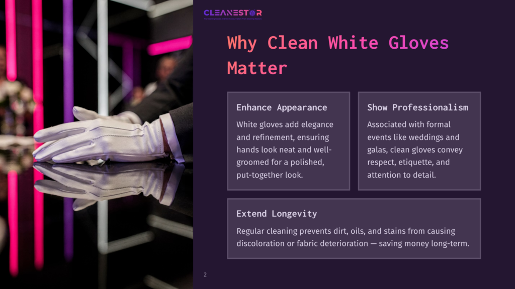 Close-Up Of A Person'S Hands Wearing Pristine White Formal Gloves, Resting On A Dark, Reflective Surface. Text Overlay Reads &Quot;Cleanestor&Quot; And &Quot;Why Clean White Gloves Matter.