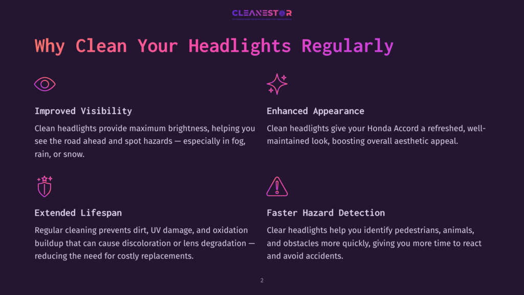 2 Why Clean Your Headlights Regularly A Purple Background Displays The Text &Quot;Why Clean Your Headlights Regularly&Quot; With Icons Like An Eye, Sparkle, Shield, And Exclamation Mark. Each Icon Represents Benefits Such As Improved Visibility, Enhanced Appearance, Extended Lifespan, And Faster Hazard Detection.