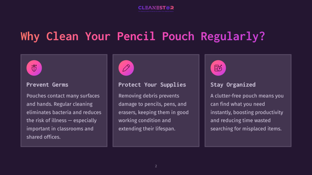 Infographic With Three Columns Titled &Quot;Prevent Germs,&Quot; &Quot;Protect Your Supplies,&Quot; And &Quot;Stay Organized,&Quot; Explaining The Benefits Of Cleaning A Pencil Pouch. The Graphic Features Icons Of A Hand With A Shield, A Pencil, And A Person With Gears.