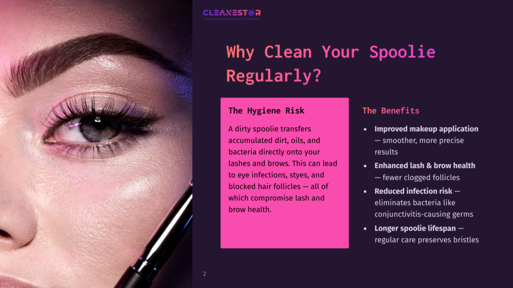 Close-Up Of A Woman'S Eye And Eyebrow With Dramatic Mascara. Text Overlay: &Quot;Cleanestor - Why Clean Your Spoolie Regularly? The Hygiene Risk. The Benefits.