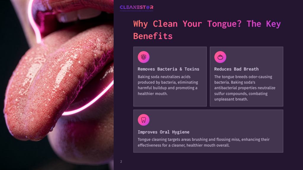 2 Why Clean Your Tongue The Key Benefits Close-Up Of A Pink, Textured Tongue With Neon Pink Light Accents. Text Overlay Reads &Quot;Cleanestor&Quot; And &Quot;Why Clean Your Tongue? The Key Benefits.