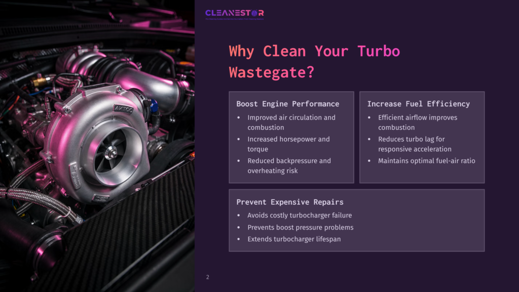 Close-Up Of A Car'S Turbocharger System, Showcasing The Shiny Metal Turbine And Housing, With A &Quot;Cleanestor&Quot; Logo Visible On The Right Side Of The Image.