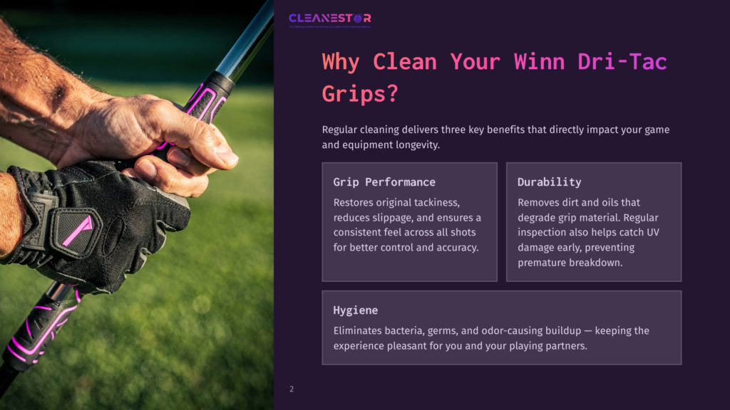 2 Why Clean Your Winn Dri Tac Grips Close-Up Of A Golfer'S Gloved Hand Holding A Pink And Black Winn Dri-Tac Golf Grip, With A Golf Club Shaft Extending Upwards. Text Overlay Reads &Quot;Cleanestor&Quot; And &Quot;Why Clean Your Winn Dri-Tac Grips?&Quot;.