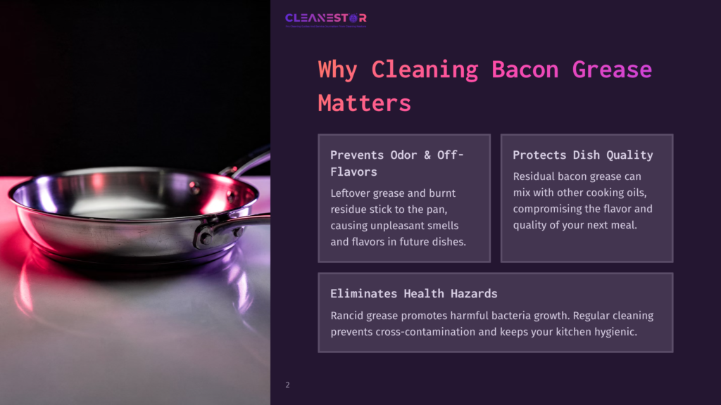 A Clean, Shiny Stainless Steel Frying Pan Sits On A Reflective Surface With Pink And Red Lighting, Next To Text That Reads &Quot;Cleanestor&Quot; And &Quot;Why Cleaning Bacon Grease Matters.