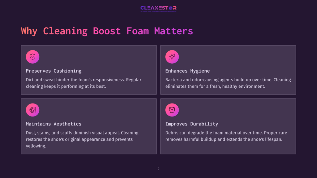 Infographic Detailing The Benefits Of Cleaning Boost Foam For Shoes: Preserves Cushioning, Enhances Hygiene, Maintains Aesthetics, And Improves Durability.