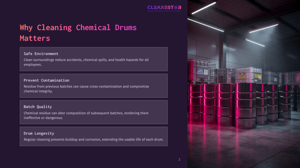 2 Why Cleaning Chemical Drums Matters Rows Of Shiny Stainless Steel Chemical Drums Stacked In A Warehouse, With Large Industrial Tanks In The Background. Signage On The Tanks Reads &Quot;Danger Flammable&Quot;.
