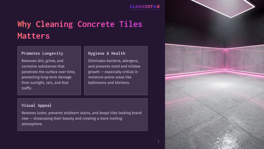 Modern Concrete Tile Interior With Pink Neon Lighting. Text Overlay: &Quot;Cleanestor Pro Cleaning Solutions For Modern Homes &Amp; Offices. Why Cleaning Concrete Tiles Matters.