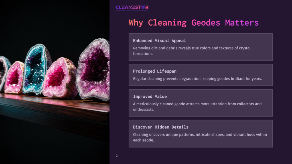 Close-Up Of Sparkling Amethyst And Rose Quartz Crystal Geodes, Showcasing Their Vibrant Purple, Pink, And White Formations On A Polished Wooden Surface. The Text &Quot;Cleanestor&Quot; Is Visible.