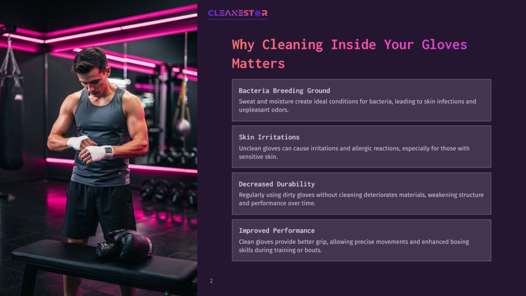 2 Why Cleaning Inside Your Gloves Matters Man In Gym Wraps Hands With Boxing Gloves On Bench, Neon Pink Gym Lights, Text &Quot;Cleanestor&Quot; And &Quot;Why Cleaning Inside Your Gloves Matters&Quot;.