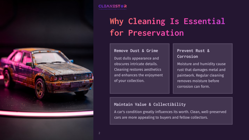 A Heavily Rusted, Vintage Toy Car Sits On A Pinkish-Purple Illuminated Platform. The Text &Quot;Cleanestor&Quot; Is Visible At The Top Left, With The Title &Quot;Why Cleaning Is Essential For Preservation&Quot; Overlaying A Dark Background On The Right.