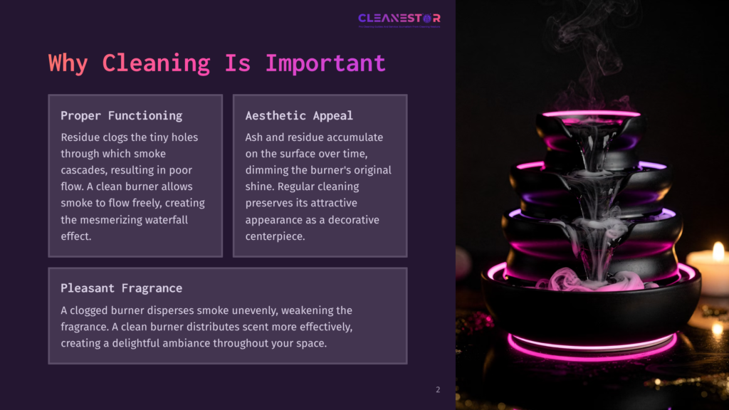 A Black Ceramic Incense Burner Waterfall With Purple Led Lighting, Creating A Smoky Waterfall Effect. Text Overlay On The Left Discusses The Importance Of Cleaning Incense Burners For Proper Functioning, Aesthetic Appeal, And Pleasant Fragrance.