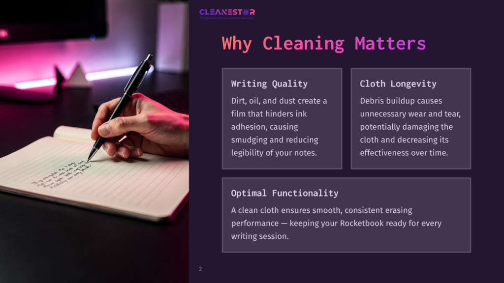Close-Up Of A Hand Writing In A Notebook With A Pen, With Text Overlay: &Quot;Why Cleaning Matters&Quot;, &Quot;Writing Quality&Quot;, &Quot;Cloth Longevity&Quot;, &Quot;Optimal Functionality&Quot;.