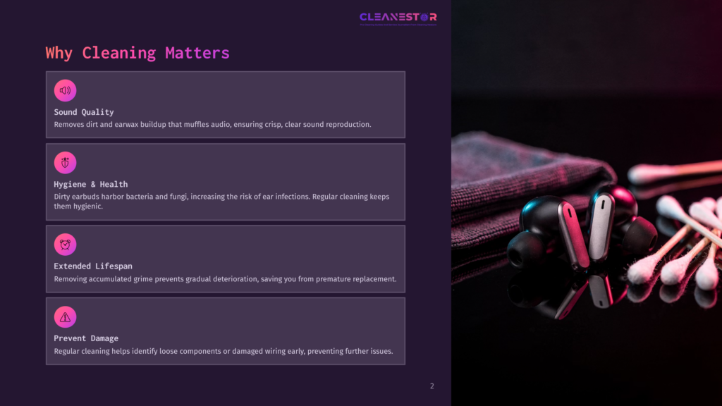 Close-Up Of Earbuds And Cotton Swabs On A Dark, Textured Surface, With A Microfiber Cloth And A Pink And Purple Gradient Background. Text Overlays Highlight The Importance Of Cleaning Earbuds For Sound Quality, Hygiene, Lifespan, And Damage Prevention.