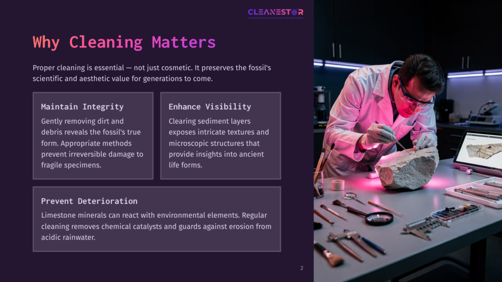 Scientist In Lab Coat Carefully Cleans A Fossil With Tools Under Pink Light, With Digital Displays Showing Fossil Images.