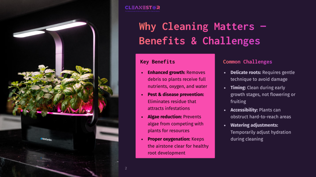 A Modern Indoor Garden With Vibrant Green Plants Under Bright Led Grow Lights. The Text Overlay Reads: &Quot;Cleanestor&Quot;, &Quot;Why Cleaning Matters - Benefits &Amp; Challenges&Quot;, &Quot;Key Benefits&Quot;, And &Quot;Common Challenges&Quot;.