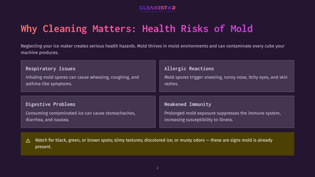 Infographic Titled &Quot;Why Cleaning Matters: Health Risks Of Mold&Quot; Detailing Respiratory Issues, Allergic Reactions, Digestive Problems, And Weakened Immunity Caused By Moldy Ice Makers.